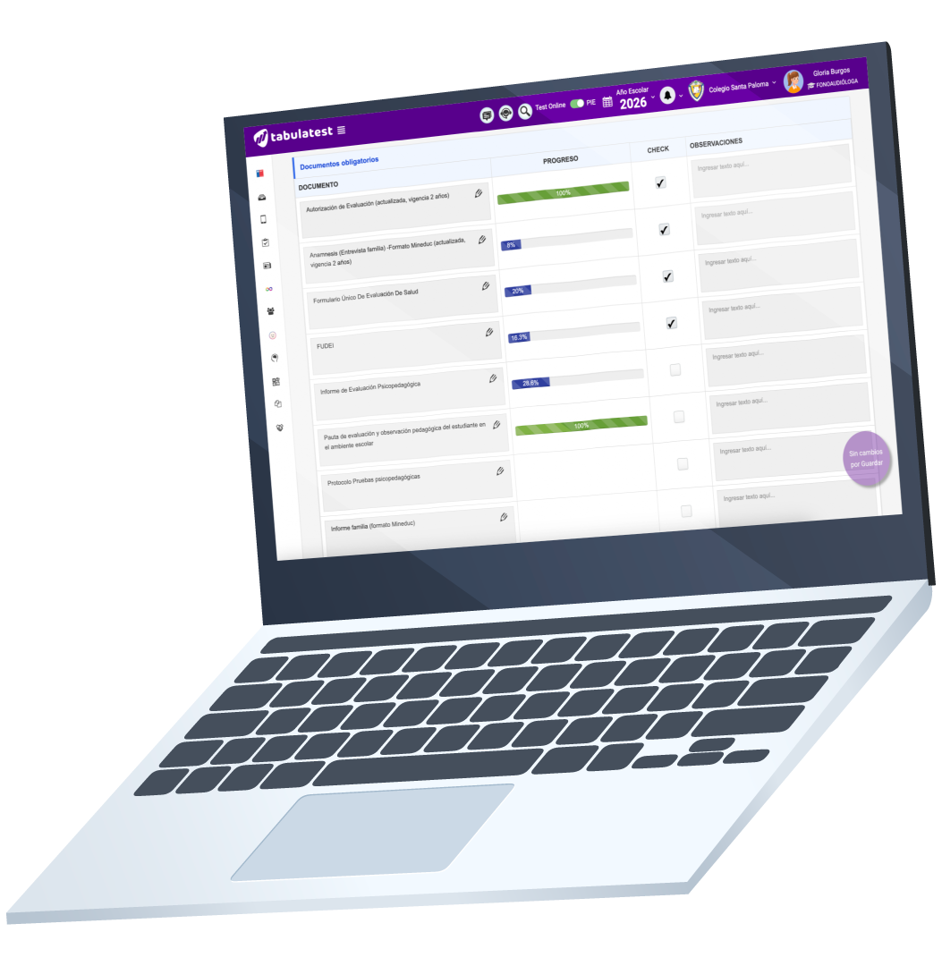 Checklist PIE digital en Tabulatest con el estado de los documentos del estudiante