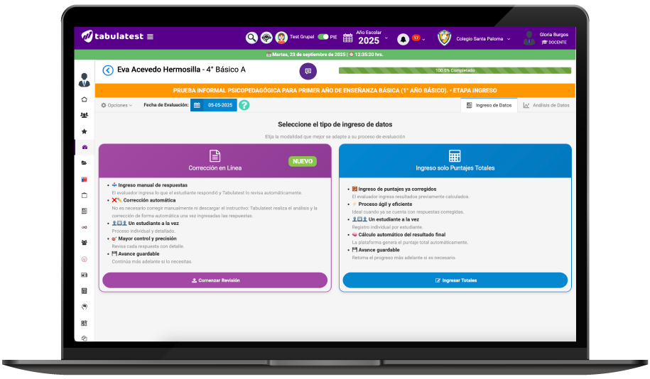 Pantalla del sistema mostrando tabulación inicial del preinforme